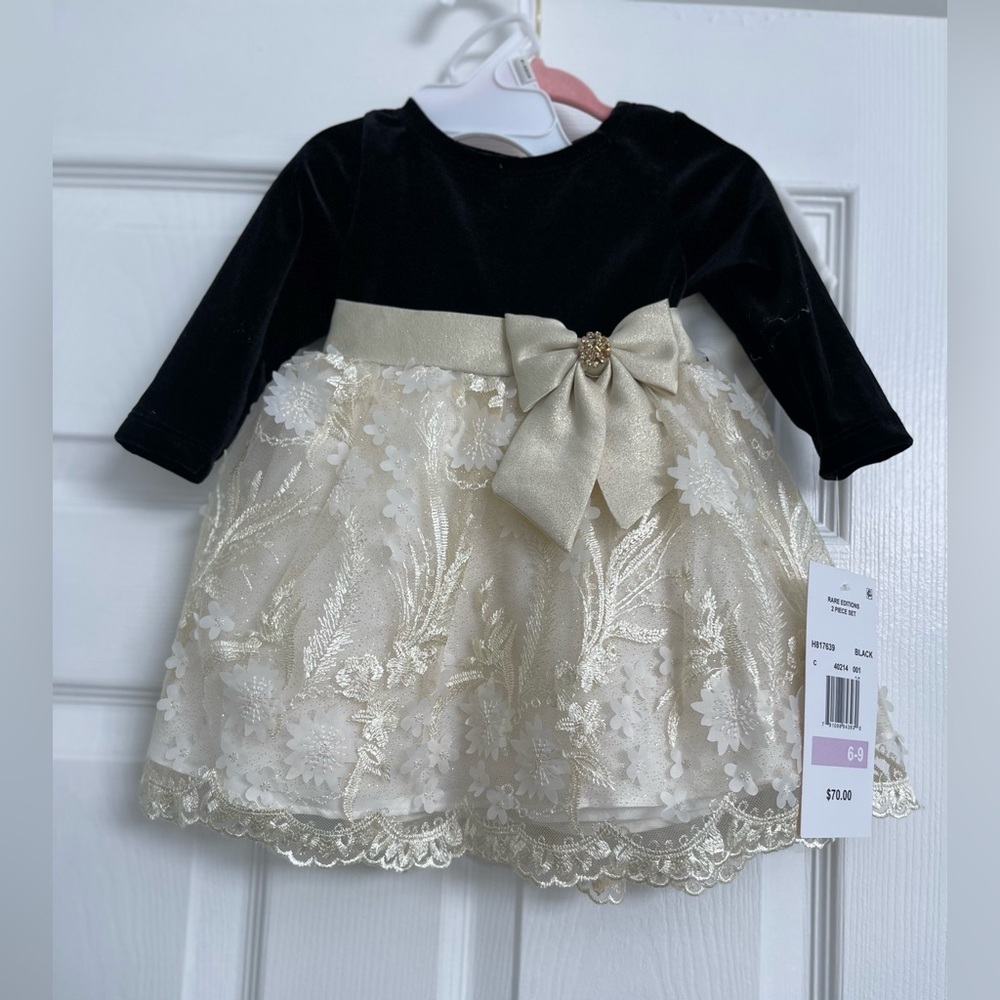 Rare Editions 6-9M Baby Girls Long Sleeve Fit + Flare Dress Black Gold Formal